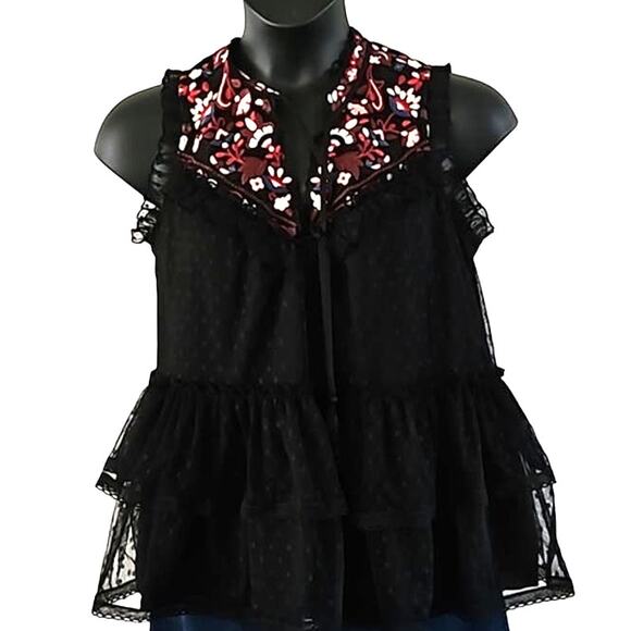 NWT Kate Spade Black Camellia Embroidered Ruffle Peplum Blouse Women’s Large - Picture 5 of 9